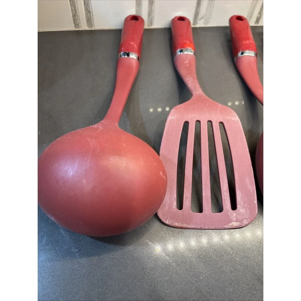 Lot 4 KitchenAid Kitchen Utensils Empire Red Spatula Ladle Reg & Slotted Spoon